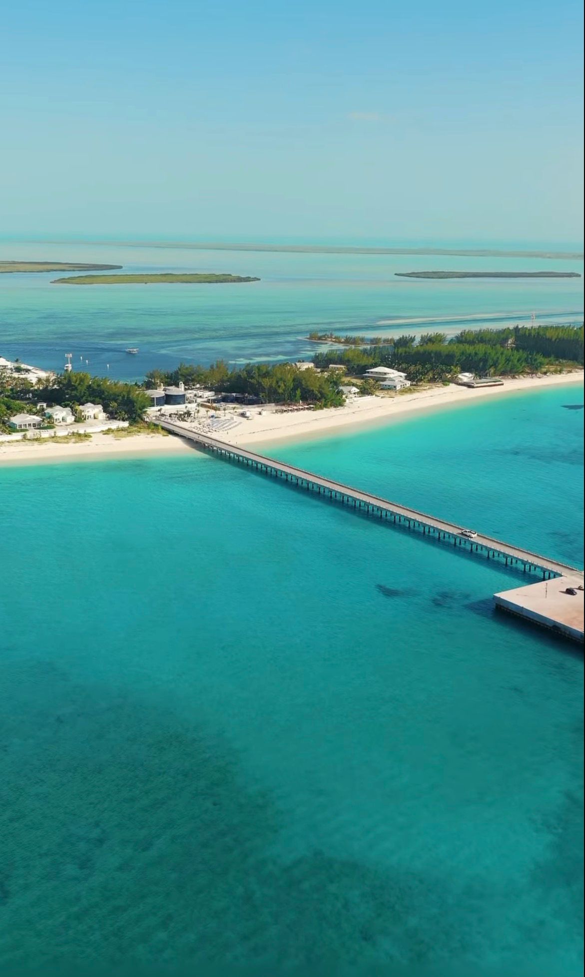 Aerial of a pier into turquoise water off Bimini