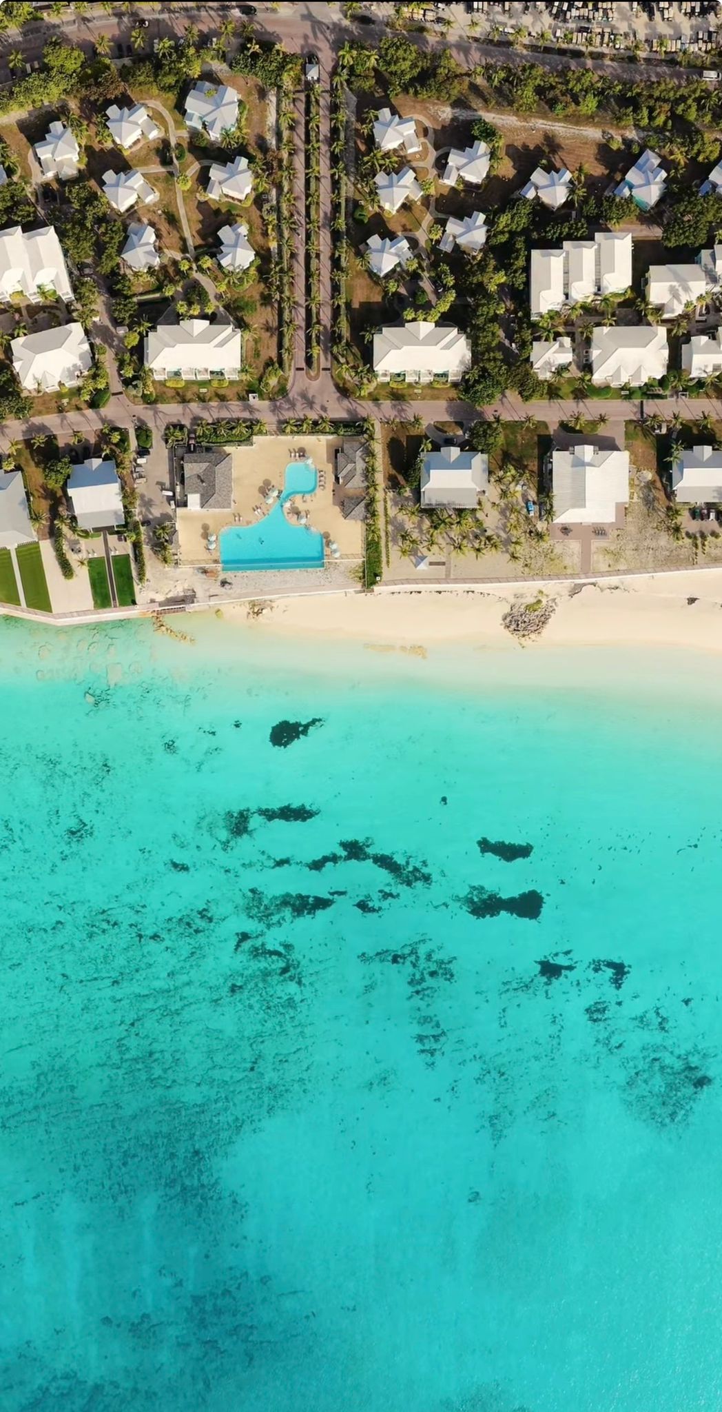 Aerial of beachfront villas and a swimming pool on Bimini
