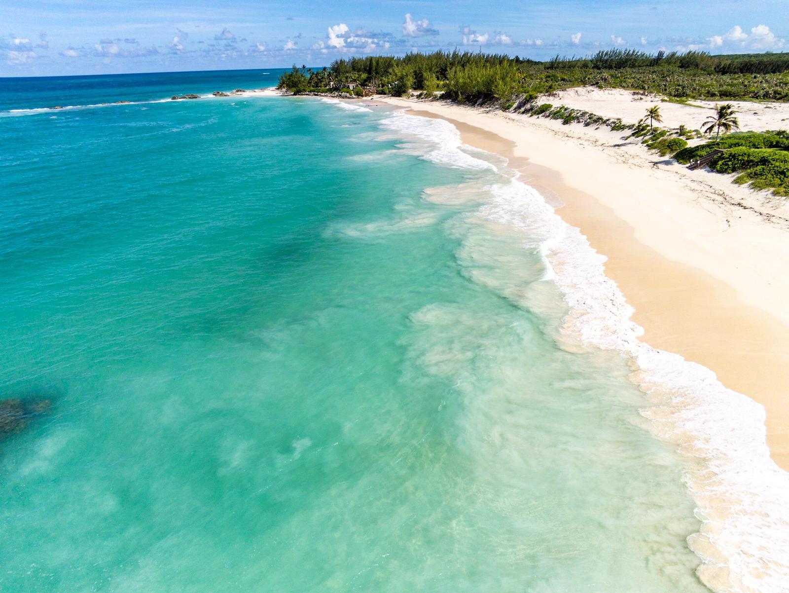 Aerial of Bimini’s curving white-sand coastline